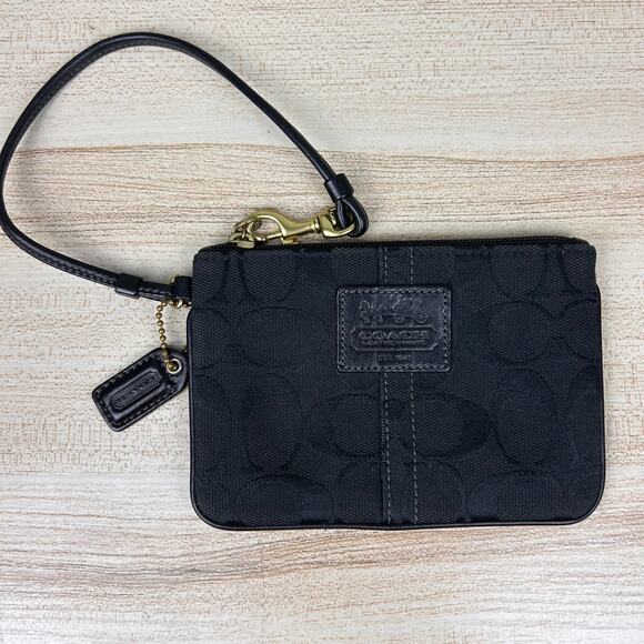 Coach Signature C Monogram Logo Black Jacquard Wristlet Purse Coin Wallet Clutch - Picture 1 of 7